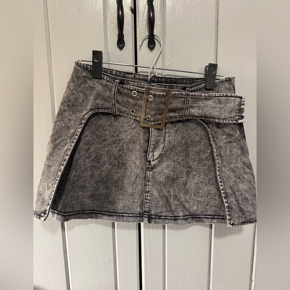 Social Collision Gray Denim Mini Skirt with Belt